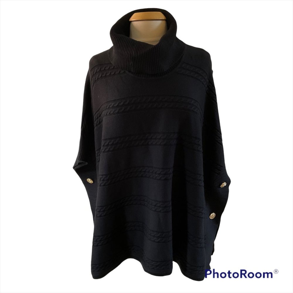 New Calvin Klein Womens Black Turtleneck Poncho Pullover Sweater Size S/M